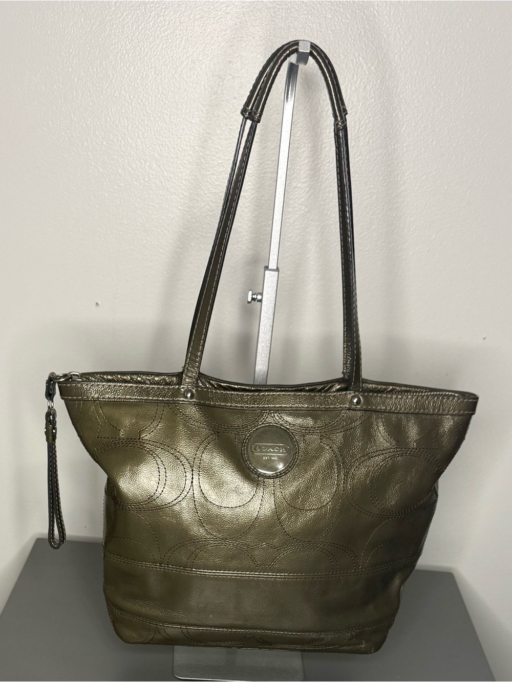 Coach Olive Leather Tote with Signature Circle Embossing